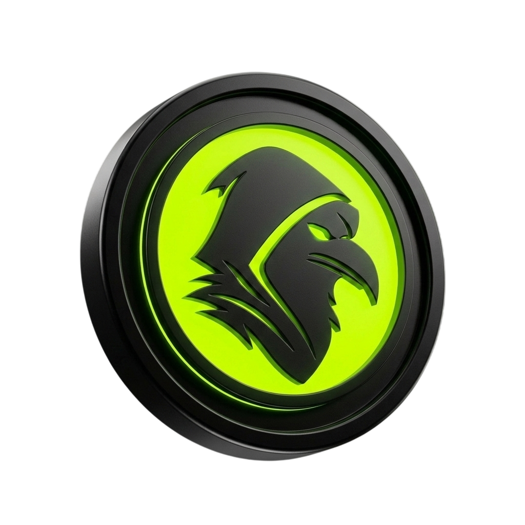 RAVENHOOD coin mark — 3D hooded raven medallion, dark rim, neon green face