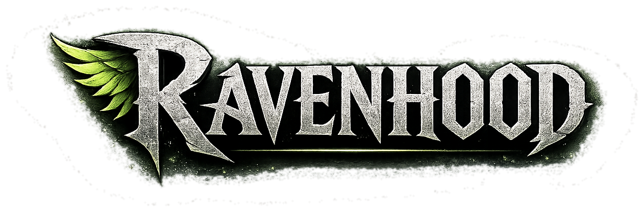 RAVENHOOD wordmark — stone lettering with green wing